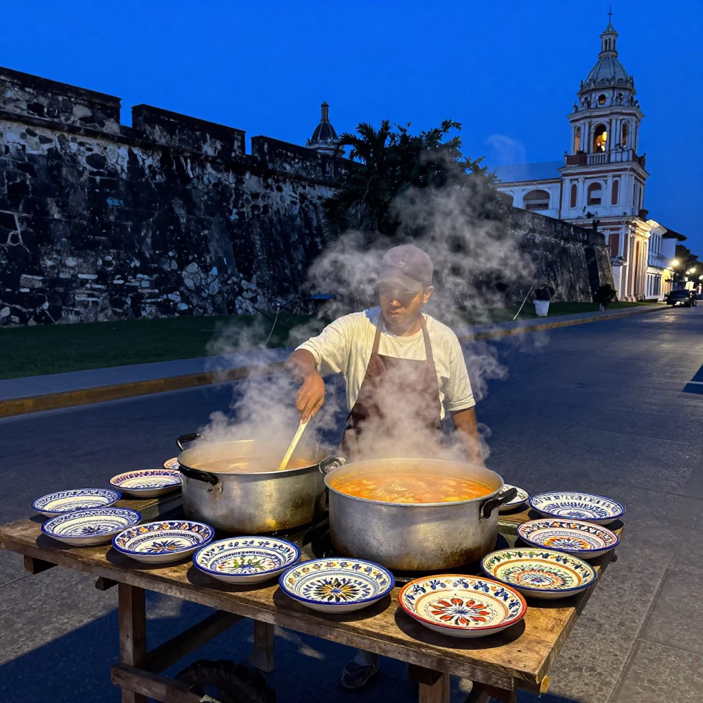 Predawn Street Vendor in Cartagena Colombia Cooking with Vintage Majolica Plates in in Cartagena, Colombia