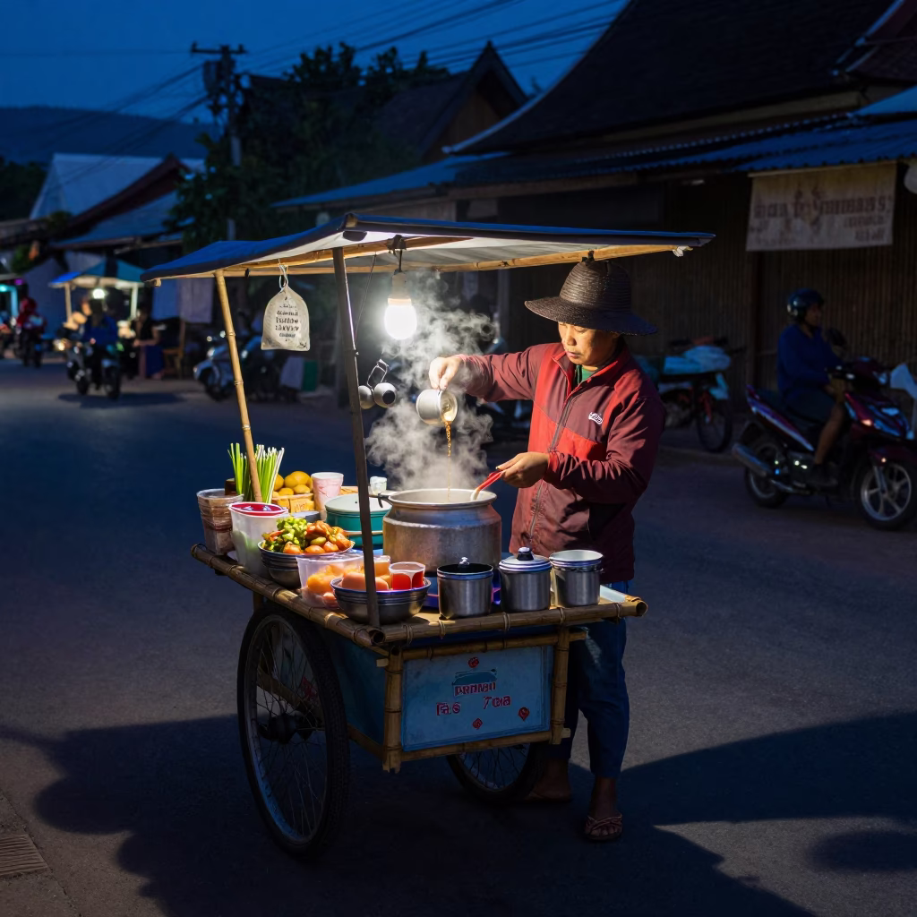 Predawn Street Vendor in Chiang Mai Thailand Selling Morning Tea and Snacks in in Chiang Mai, Thailand