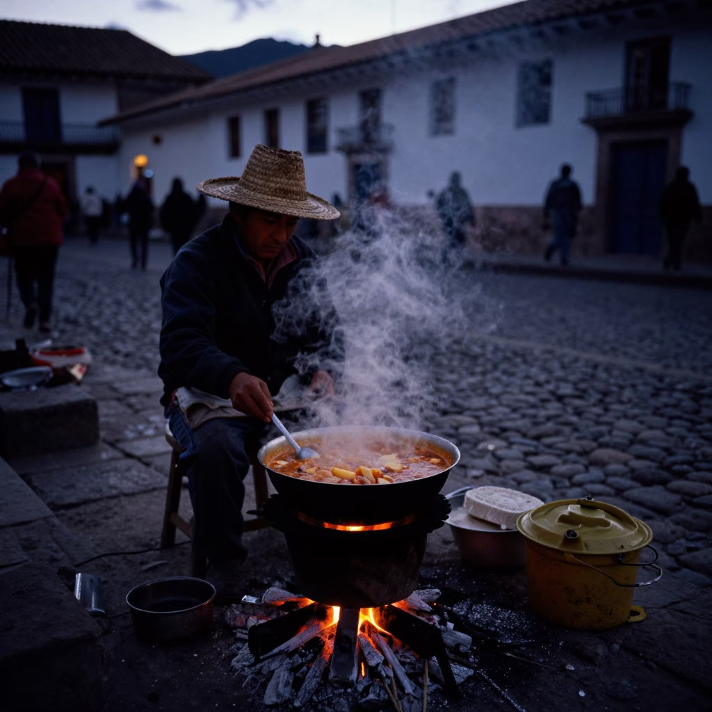 Predawn Street Vendor in Cusco Peru with Bubbling Stew and Early Morning Activity in in Cusco, Peru