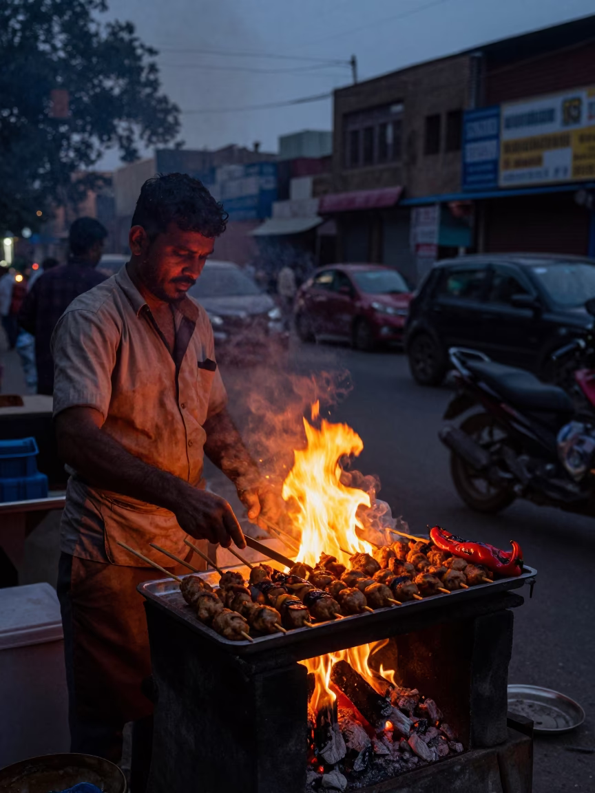 Predawn Street Vendor in Delhi India Cooking Kofte with Grilled Peppers in in Delhi, India