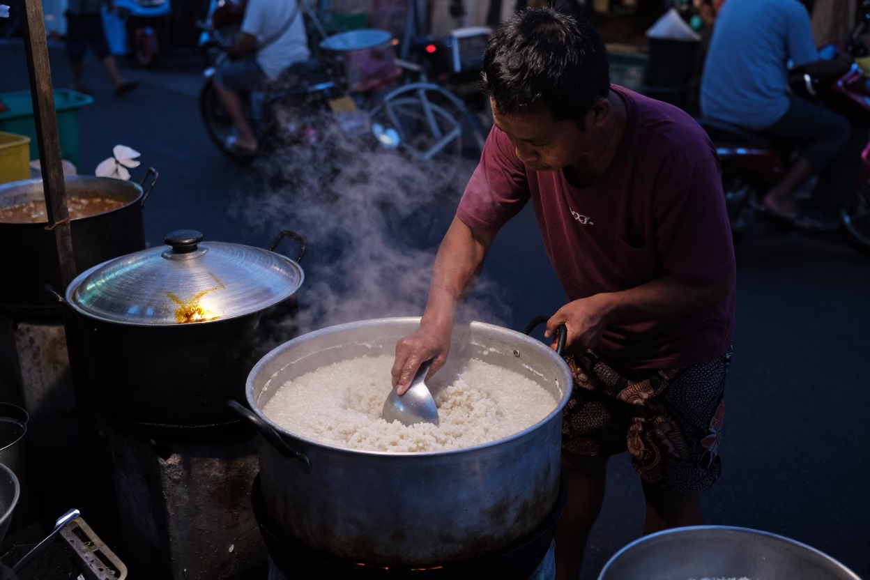 Predawn Street Vendor in Denpasar Indonesia Cooking Rice with Grease Sheen Kettle Lid in in Denpasar, Indonesia