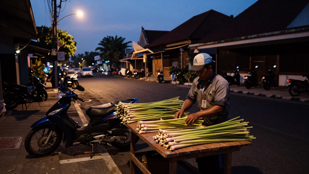 Predawn Street Vendor in Denpasar Indonesia Preparing Lemongrass Before Sunrise in in Denpasar, Indonesia