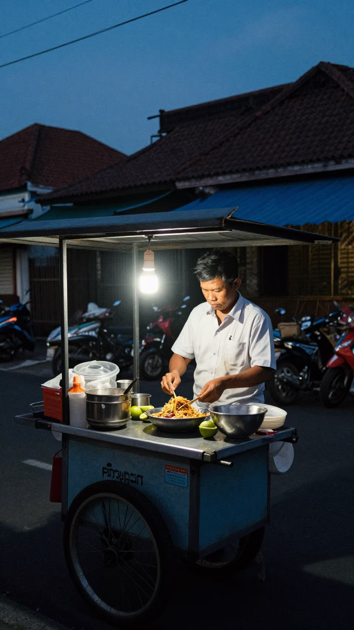 Predawn Street Vendor in Denpasar Indonesia Preparing Pad Thai with Lime Wedges in in Denpasar, Indonesia
