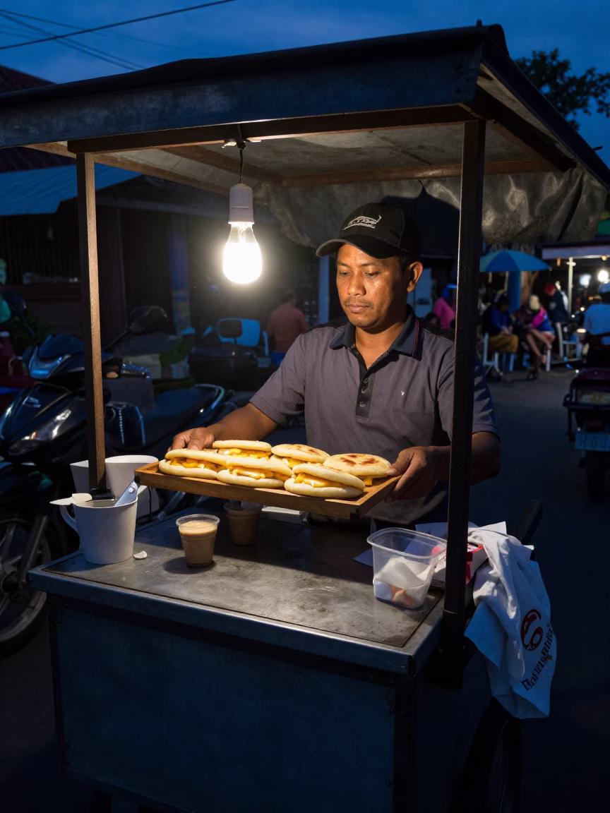 Predawn Street Vendor in Denpasar Indonesia Serving Arepas and Coffee in in Denpasar, Indonesia