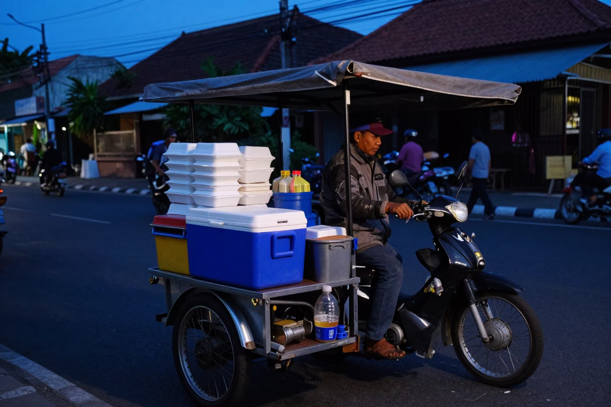 Predawn Street Vendor in Denpasar Indonesia with Cooler and Cooking Equipment in in Denpasar, Indonesia