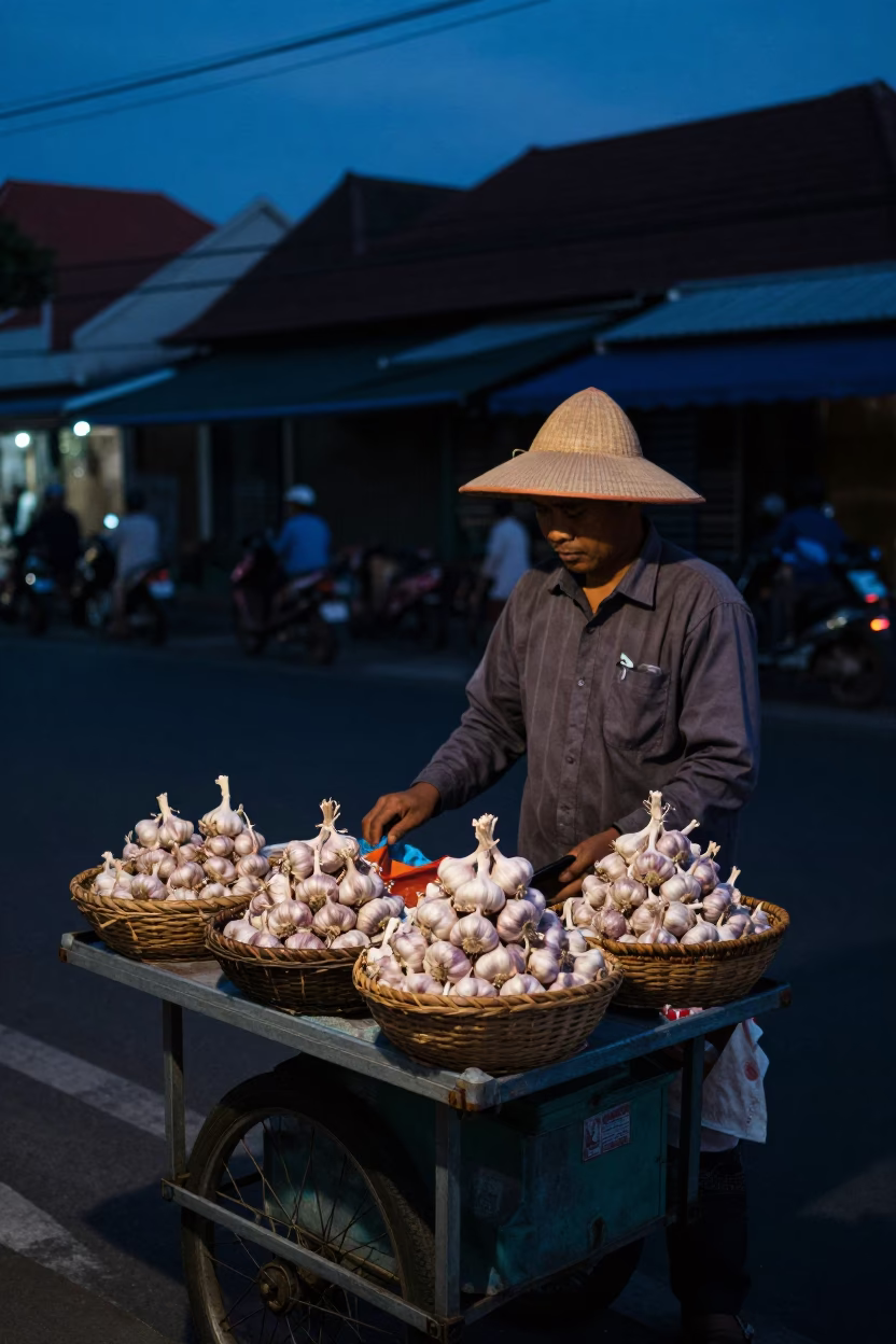 Predawn Street Vendor in Denpasar Indonesia with Garlic and Sun Hat in in Denpasar, Indonesia