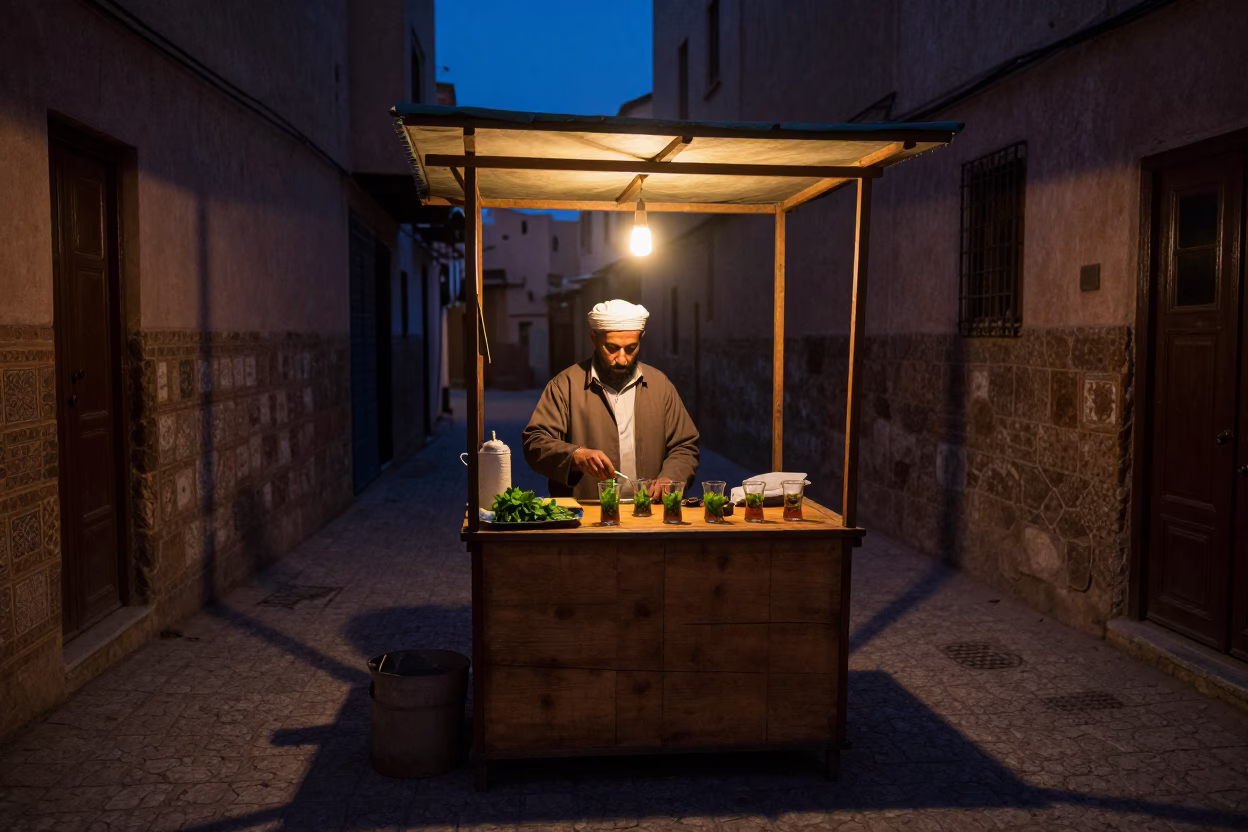 Predawn Street Vendor in Fez Morocco Preparing Traditional Mint Tea with Brass Teapots in in Fez, Morocco