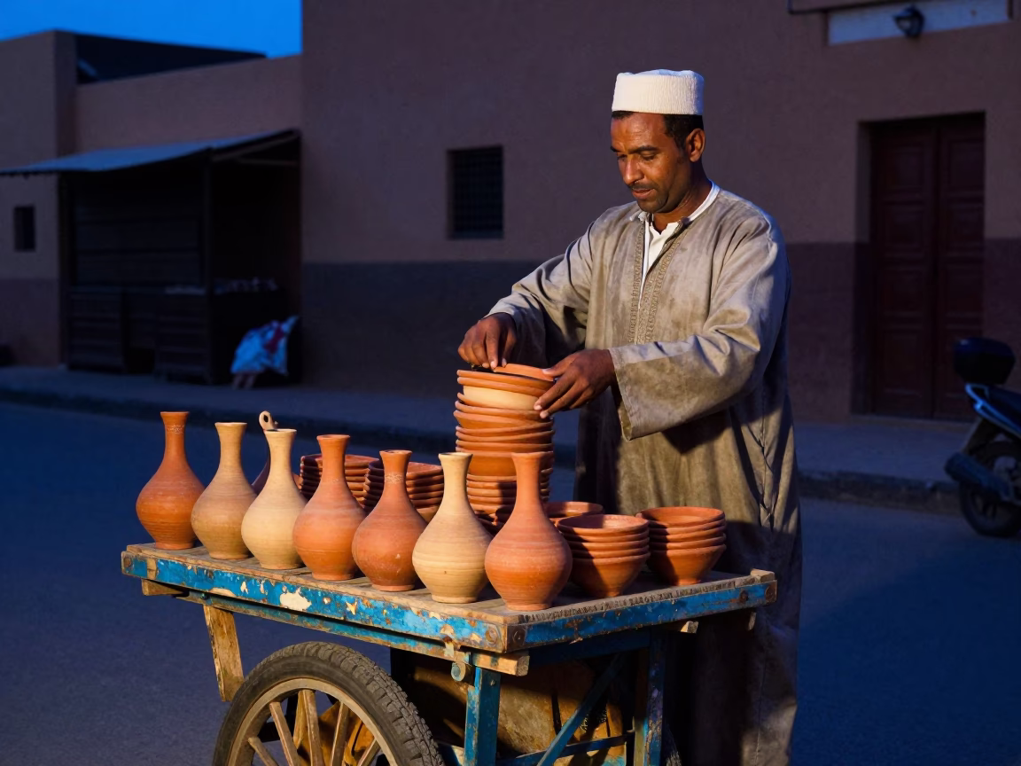 Predawn Street Vendor in Fez Morocco with Clay Pots and Wooden Crates in in Fez, Morocco