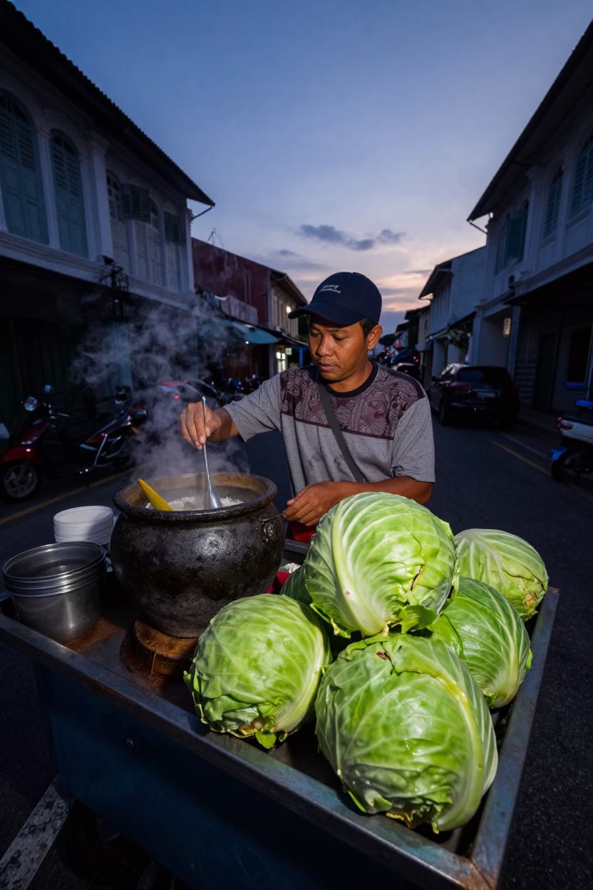 Predawn Street Vendor in George Town Malaysia Cooking with Stoneware and Cabbages in in George Town, Malaysia