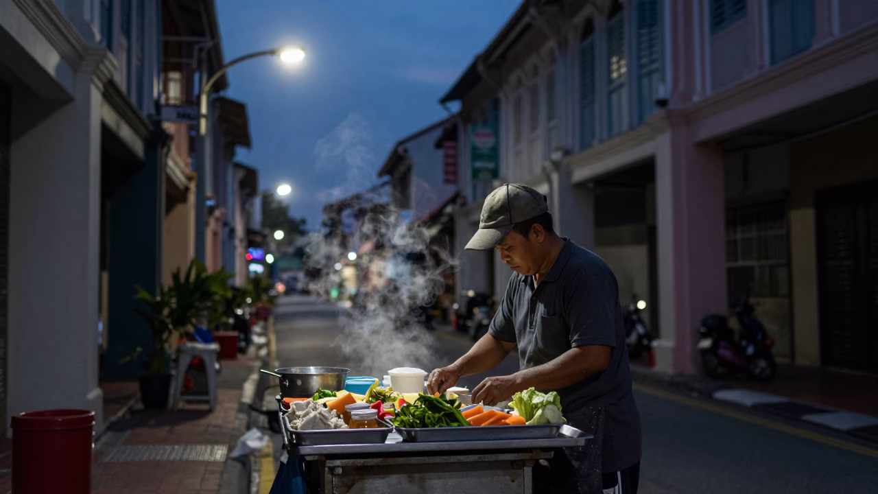 Predawn Street Vendor in George Town Malaysia Preparing Food Under Dim Streetlights in in George Town, Malaysia