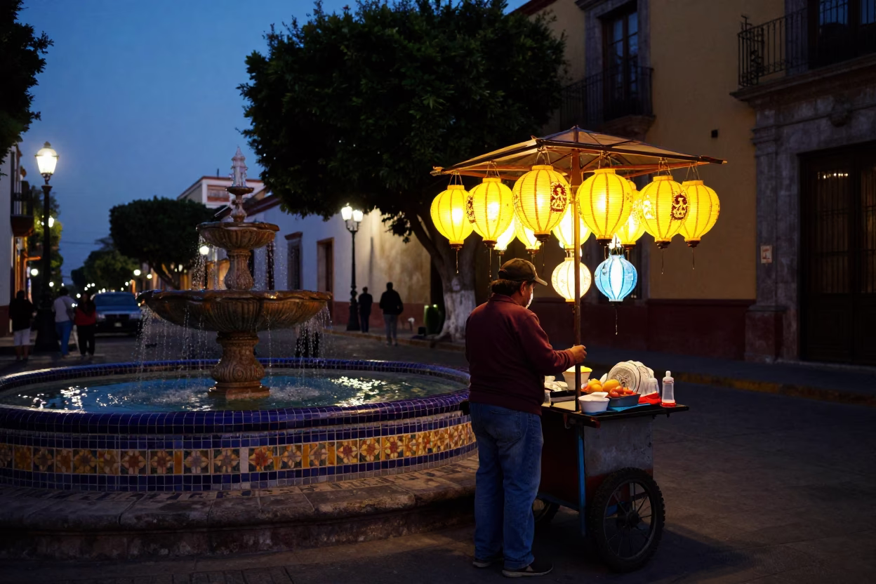 Predawn street vendor in Guadalajara Mexico with colorful paper lanterns and condensation on glass in in Guadalajara, Mexico