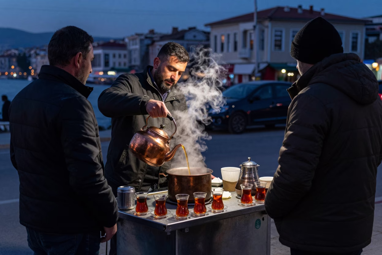 Predawn Street Vendor in Izmir Turkey Preparing Hot Tea for Early Commuters in in Izmir, Turkey