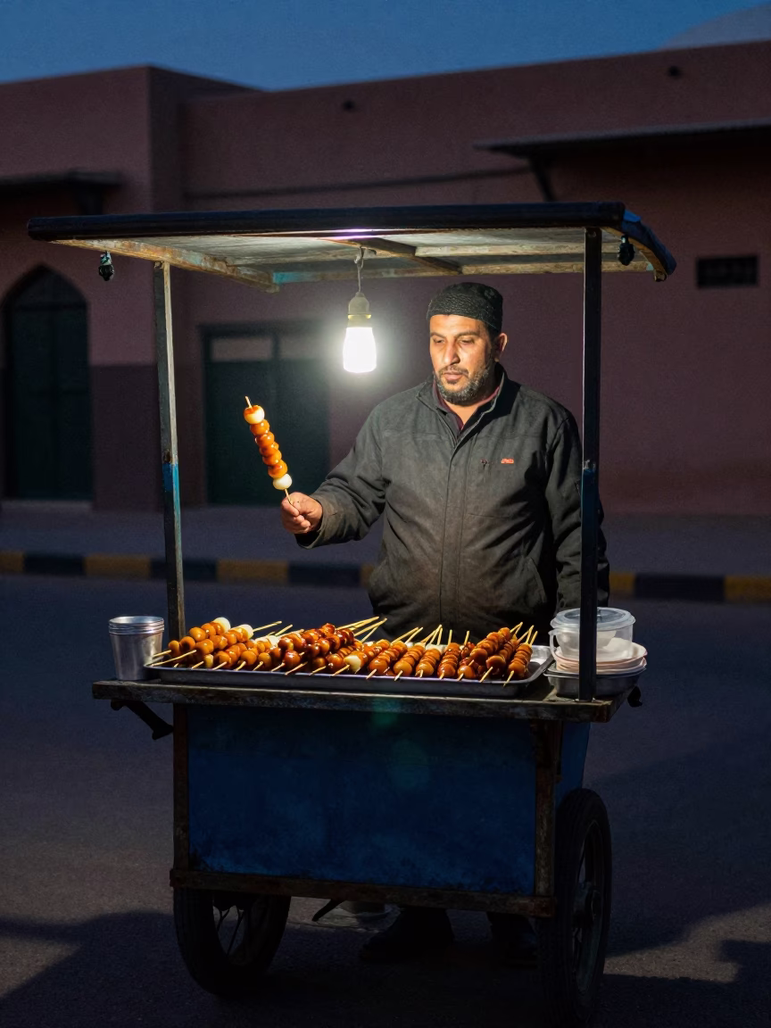 Predawn Street Vendor in Marrakech Morocco Preparing Fresh Skewers for Early Customers in in Marrakech, Morocco