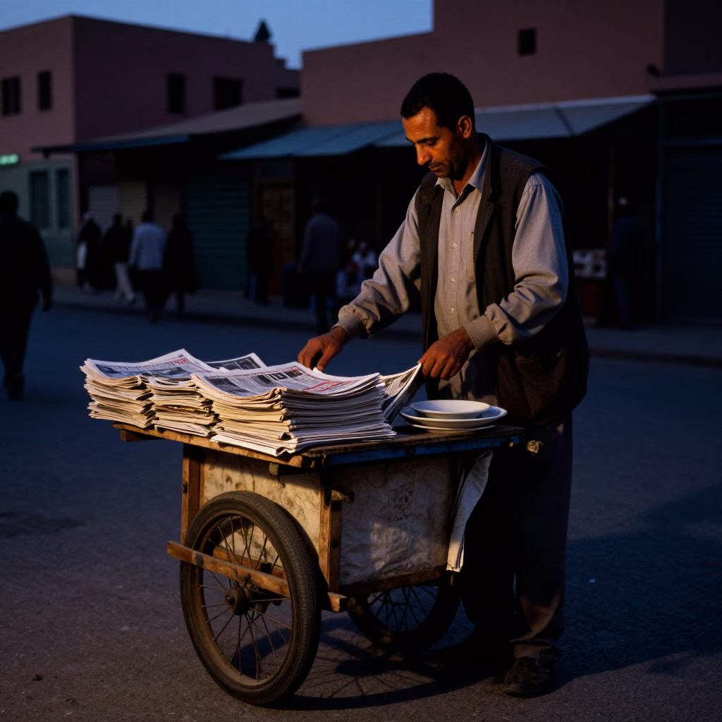 Predawn Street Vendor in Marrakech Morocco with Newspaper Stack and Saucer in in Marrakech, Morocco