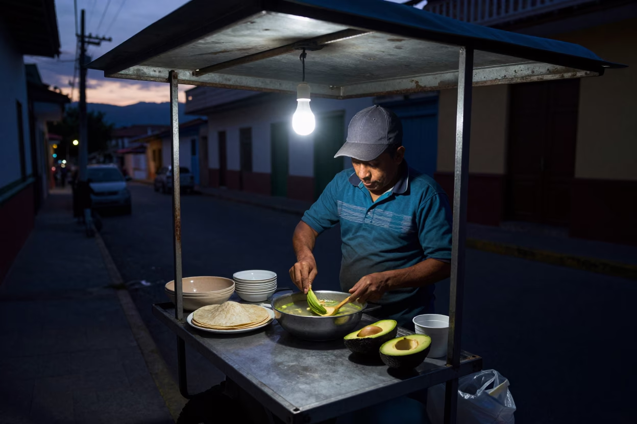 Predawn Street Vendor in Medellin Colombia Preparing Tortilla Soup with Avocado Before Dawn in in Medellin, Colombia