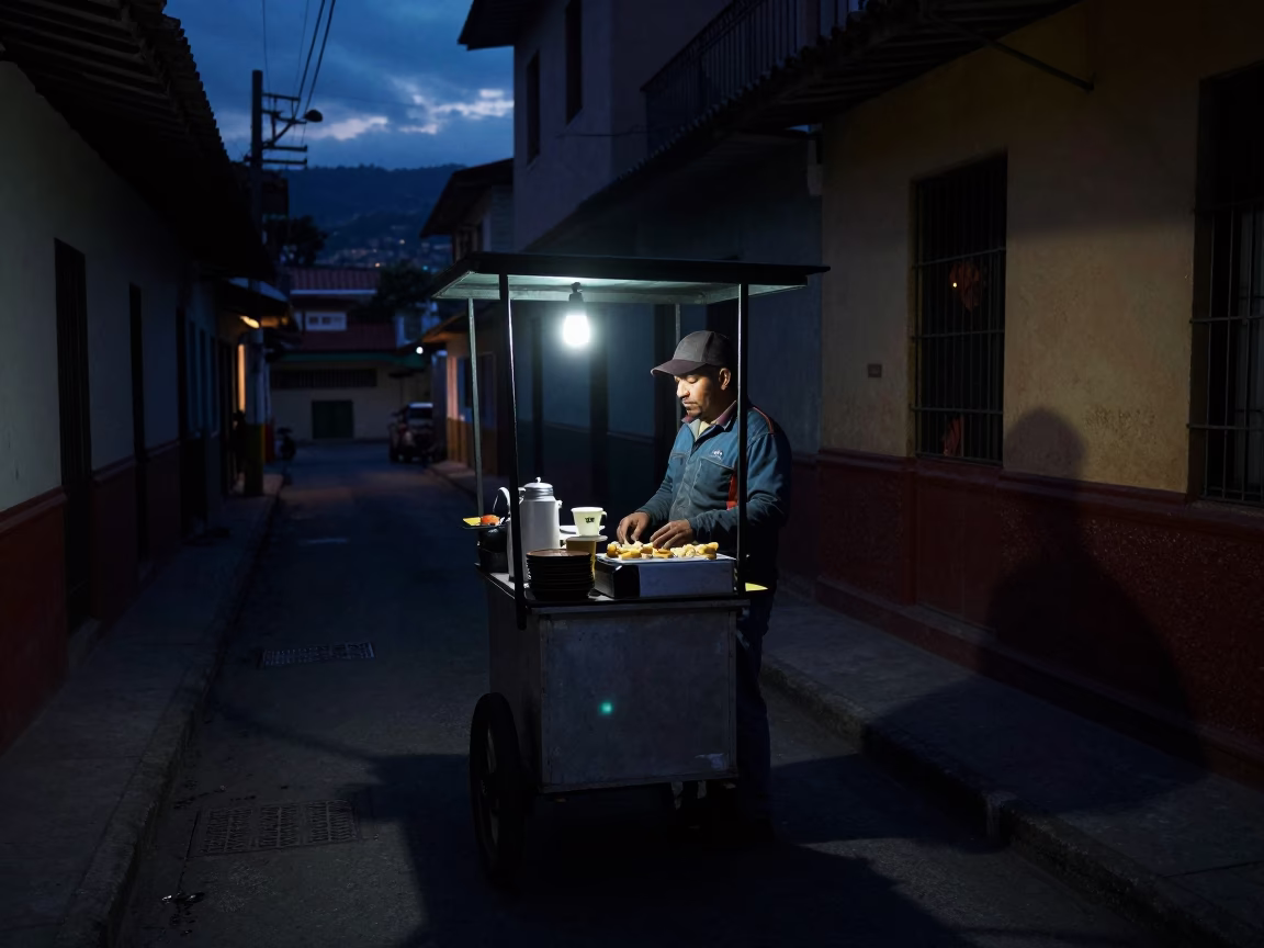 Predawn street vendor in Medellin Colombia serving coffee in a dimly lit alley in in Medellin, Colombia