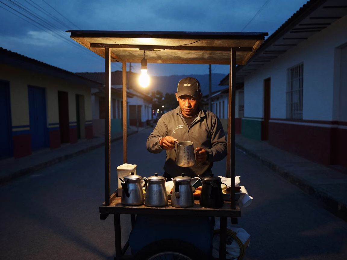 Predawn Street Vendor in Medellin Colombia with Coffee Pots and Measuring Cups in in Medellin, Colombia