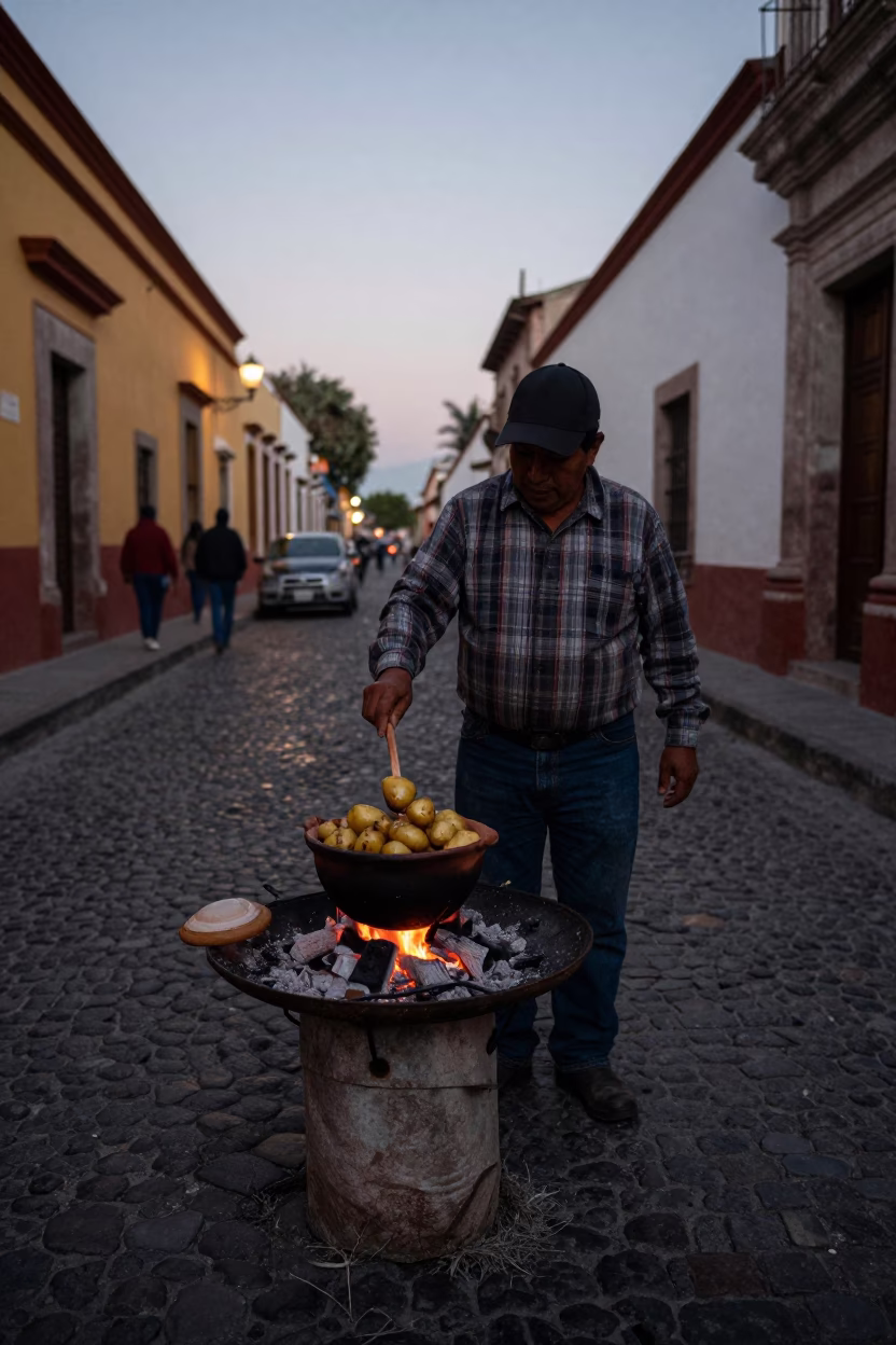 Predawn Street Vendor in Oaxaca Mexico Selling Traditional Clay Potatoes with Wooden Stool in in Oaxaca, Mexico