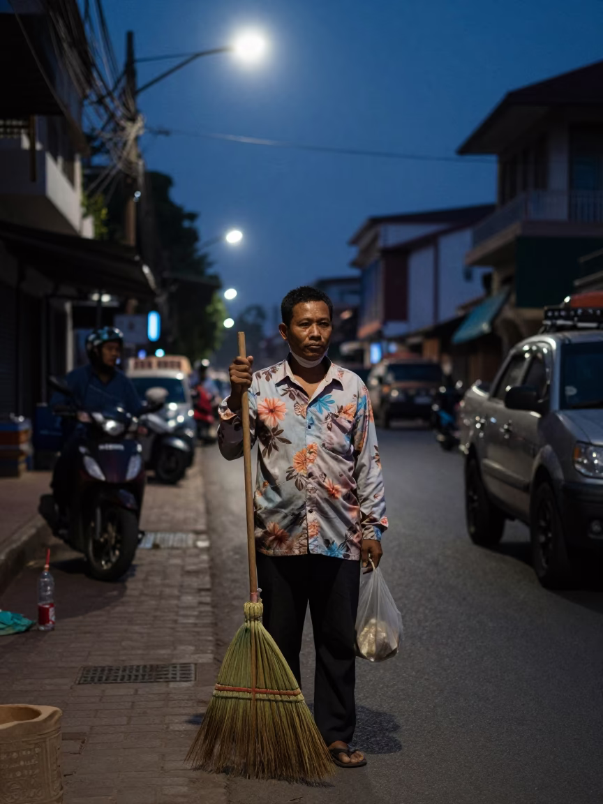Predawn Street Vendor in Phnom Penh Cambodia Wearing Hand Broom in in Phnom Penh, Cambodia