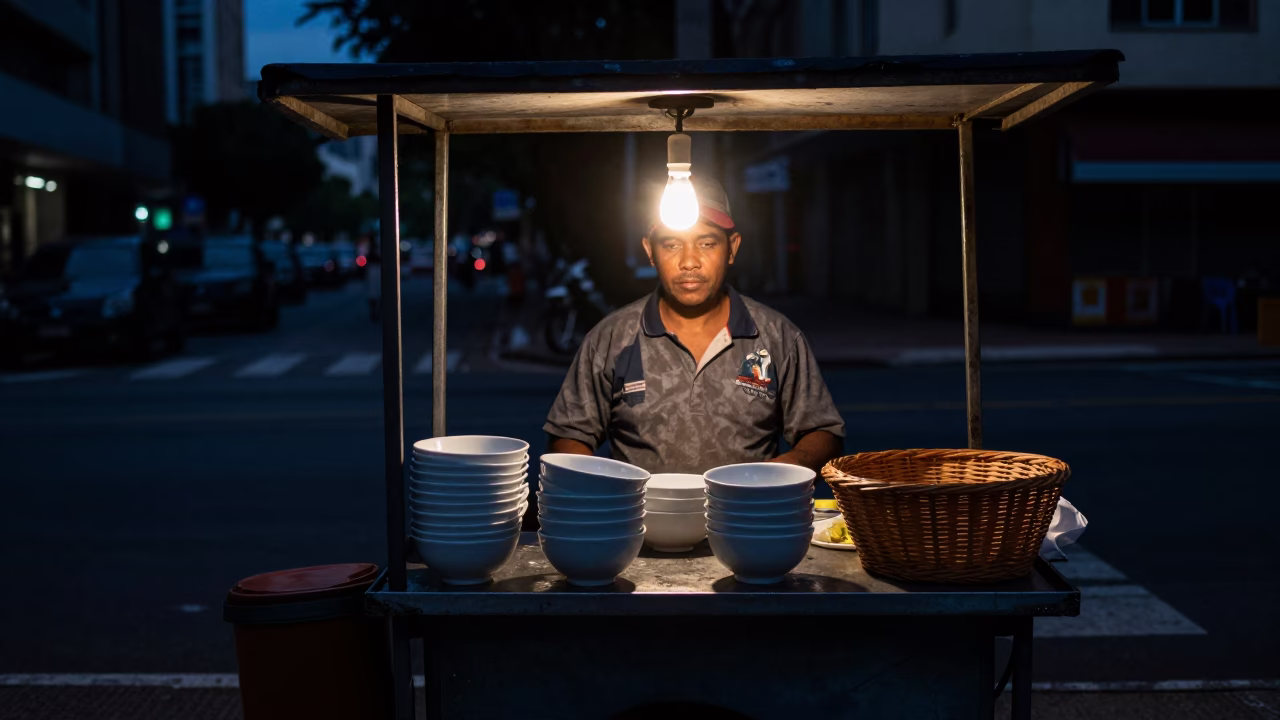 Predawn Street Vendor in São Paulo Brazil with Soup Bowls and Basket in in São Paulo, Brazil