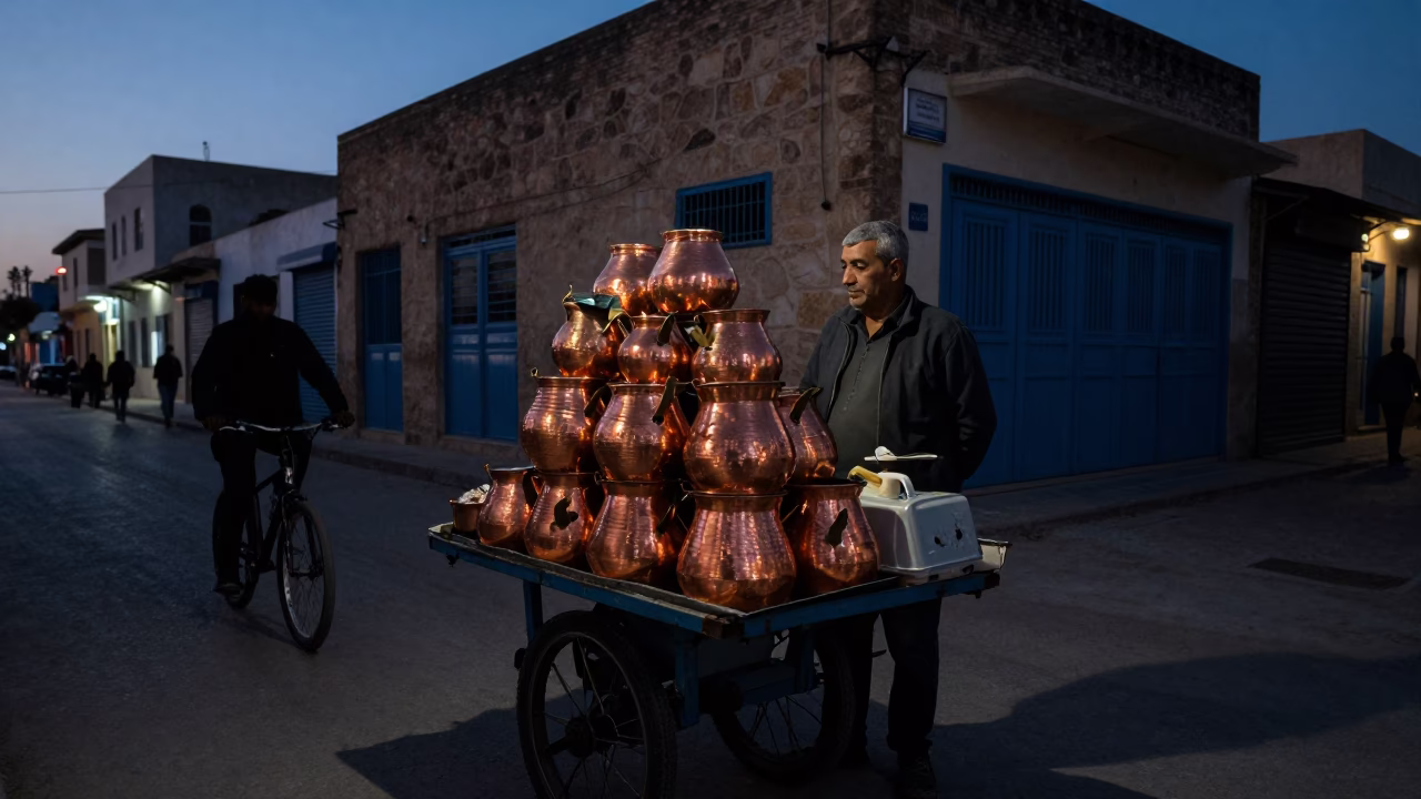 Predawn Street Vendor in Tunis Tunisia with Copper Pots and Cyclist in in Tunis, Tunisia