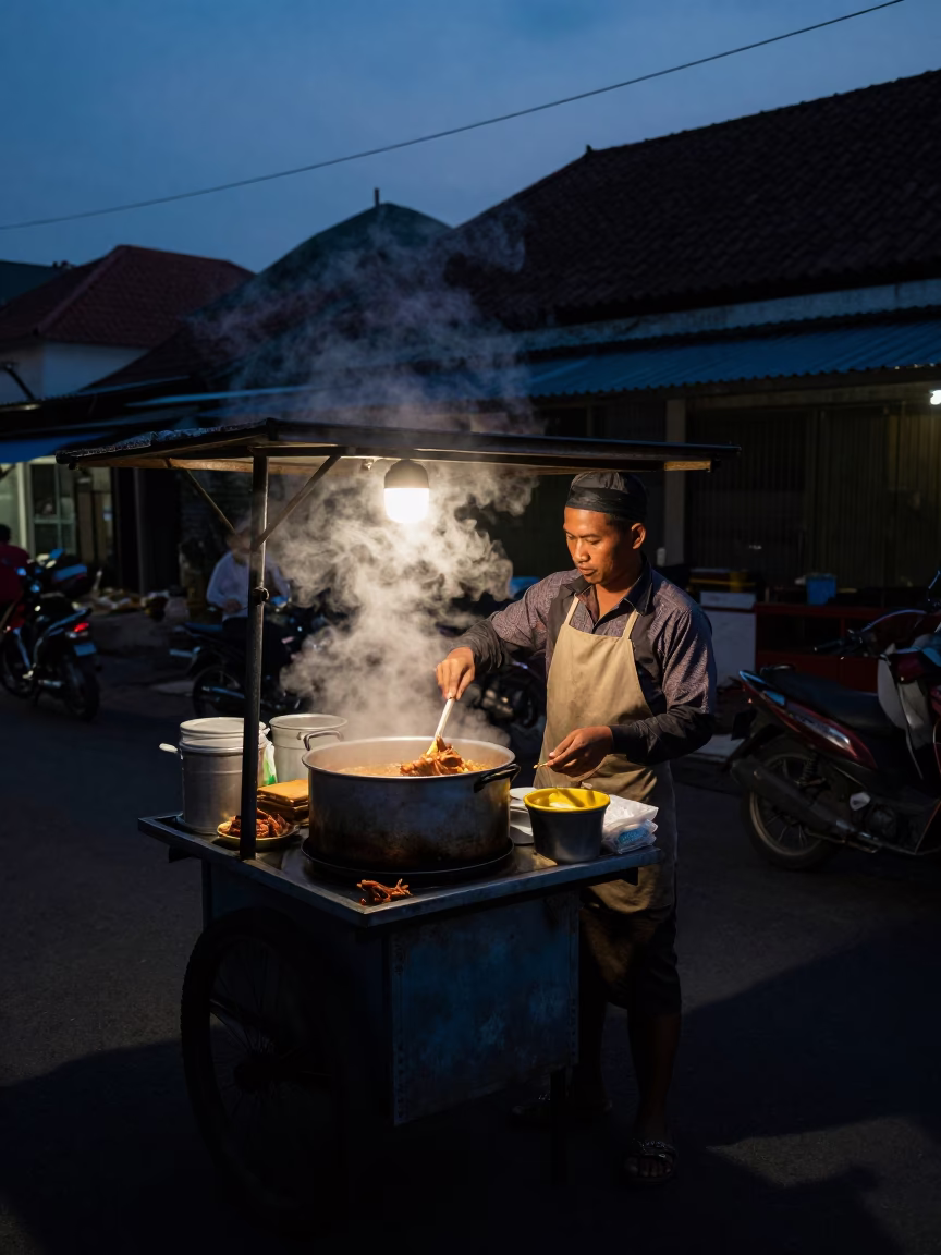 Predawn street vendor in Yogyakarta Indonesia preparing breakfast with steam rising from pot in in Yogyakarta, Indonesia