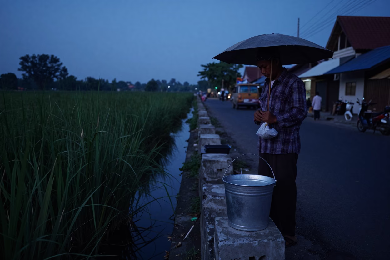 Predawn Street Vendor in Yogyakarta Indonesia with Metal Bucket and Concrete Canal in in Yogyakarta, Indonesia