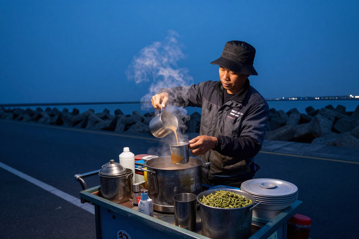 Predawn street vendor preparing chai with cardamom in historic Tainan Taiwan in in Tainan, Taiwan