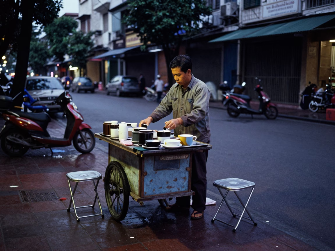 Predawn Street Vendor Preparing Coffee and Folding Stools in Ho Chi Minh City Vietnam in in Ho Chi Minh City, Vietnam
