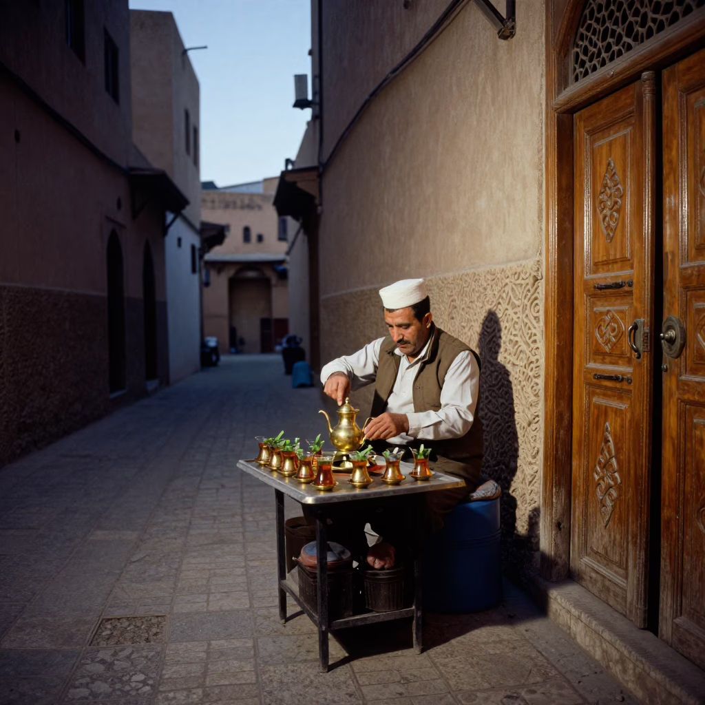 Predawn Street Vendor Preparing Mint Tea in Fez Morocco Old Medina in in Fez, Morocco