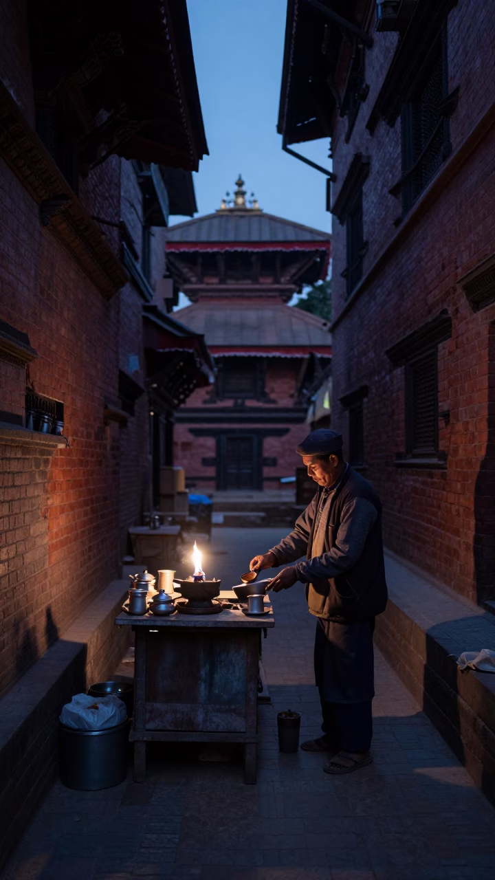 Predawn Street Vendor Preparing Tea in Kathmandu Nepal with Charcoal Brazier in in Kathmandu, Nepal