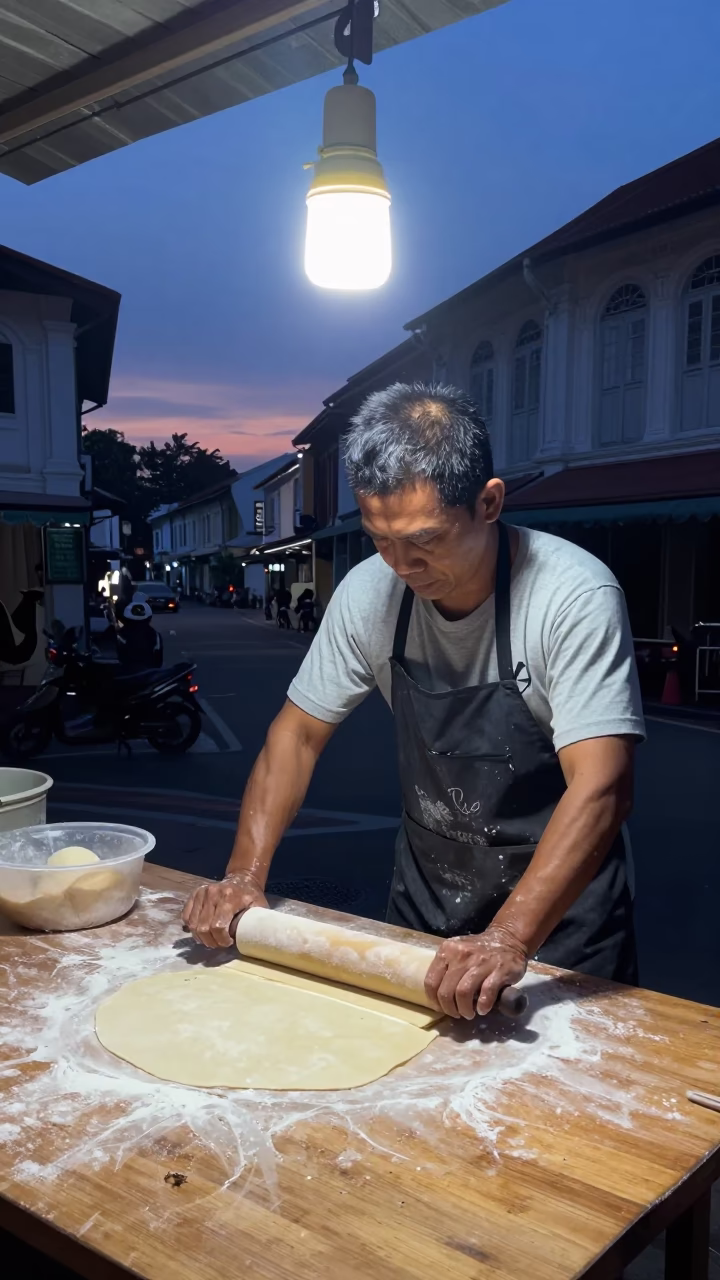 Predawn Street Vendor Rolling Fresh Pasta in George Town Malaysia Early Morning in in George Town, Malaysia