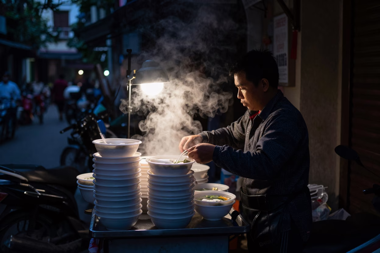 Predawn street vendor scene in Hanoi Vietnam with steam and plastic bowls in in Hanoi, Vietnam