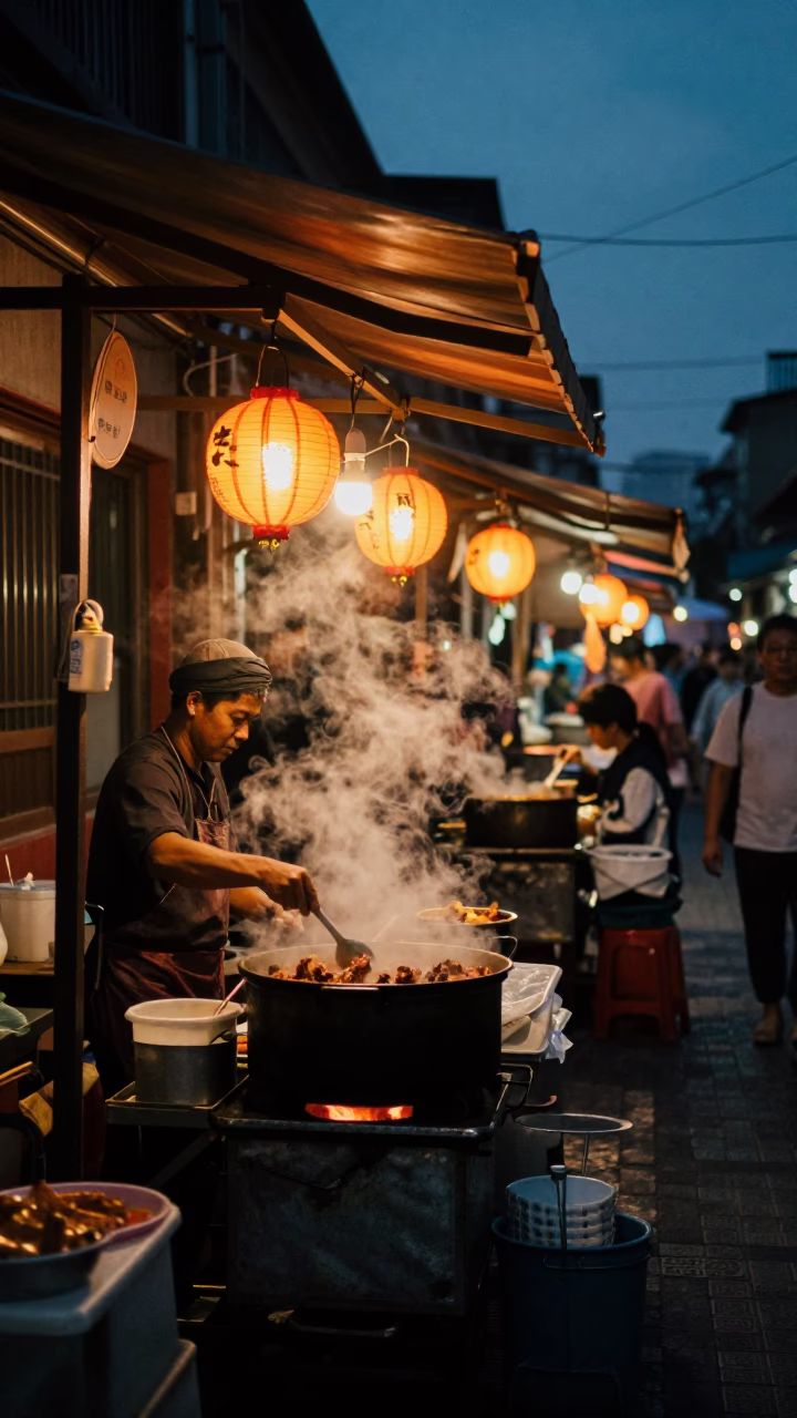 Predawn Street Vendor Scene in Tainan Taiwan with Steam and Lanterns in in Tainan, Taiwan