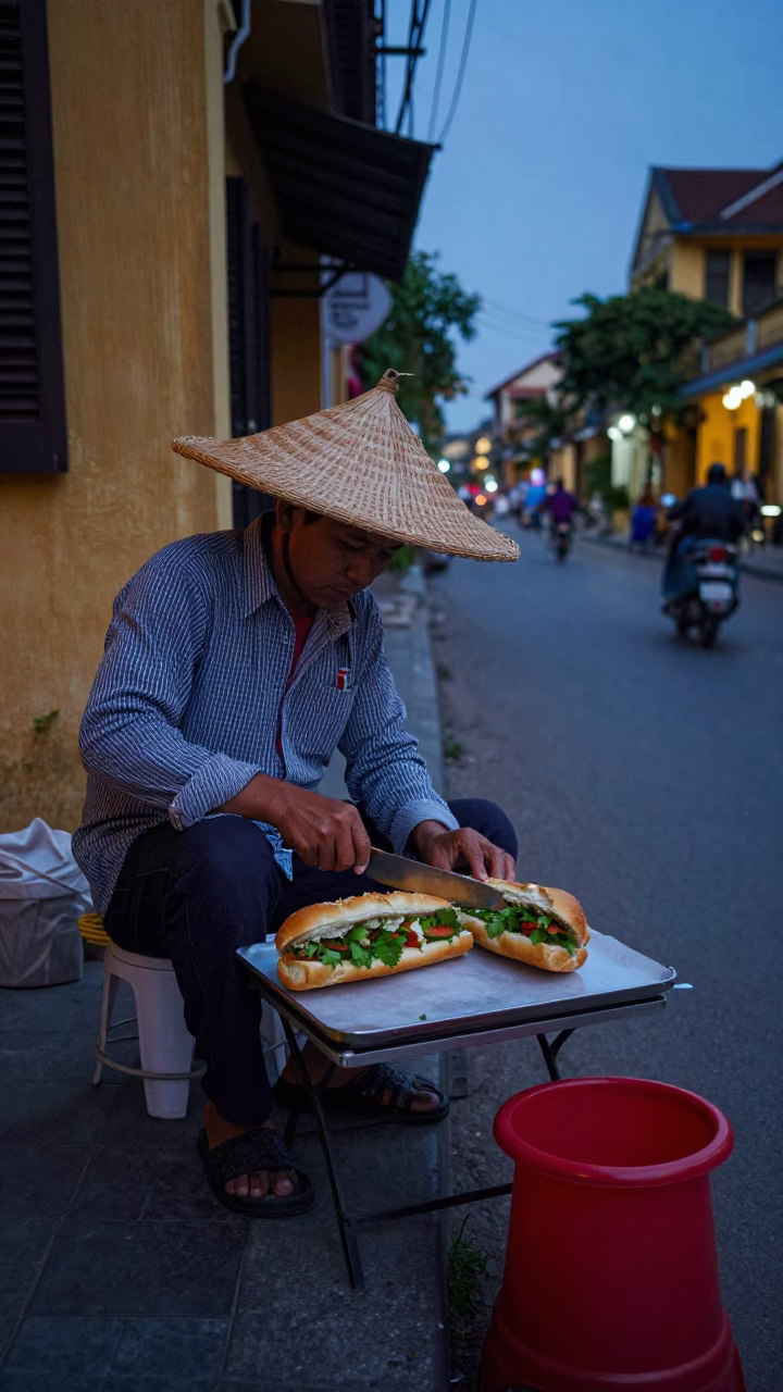 Predawn Street Vendor Selling Banh Mi in Hoi An Vietnam in in Hoi An, Vietnam
