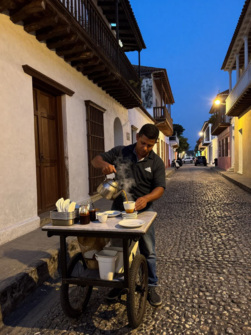 Predawn Street Vendor Selling Coffee in Colonial Cartagena Colombia in in Cartagena, Colombia