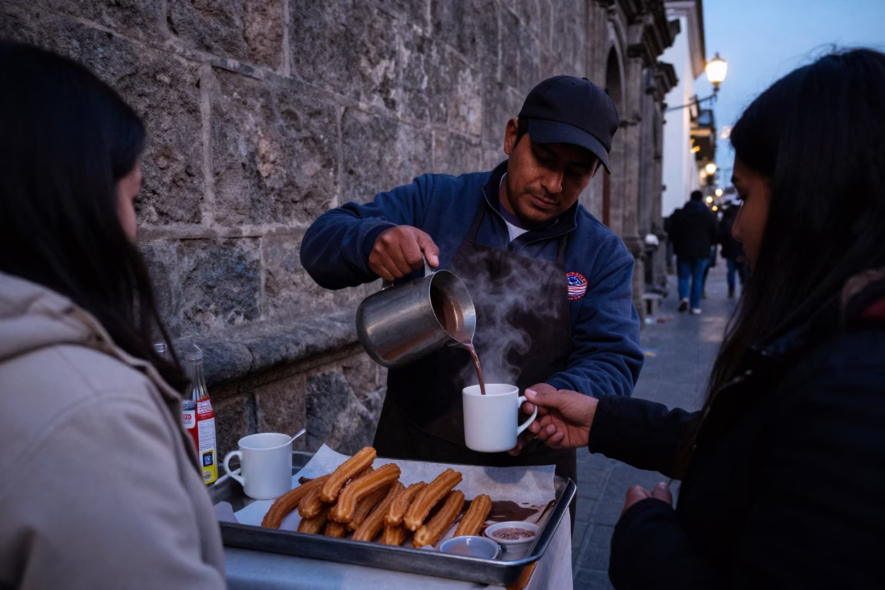 Predawn street vendor selling hot chocolate and churros in historic Quito Ecuador in in Quito, Ecuador