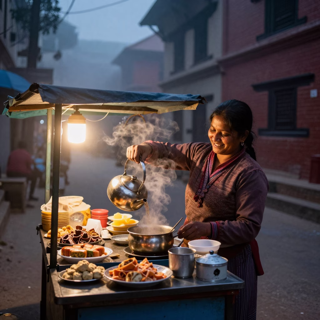 Predawn Street Vendor Selling Hot Tea and Snacks in Kathmandu Nepal in in Kathmandu, Nepal