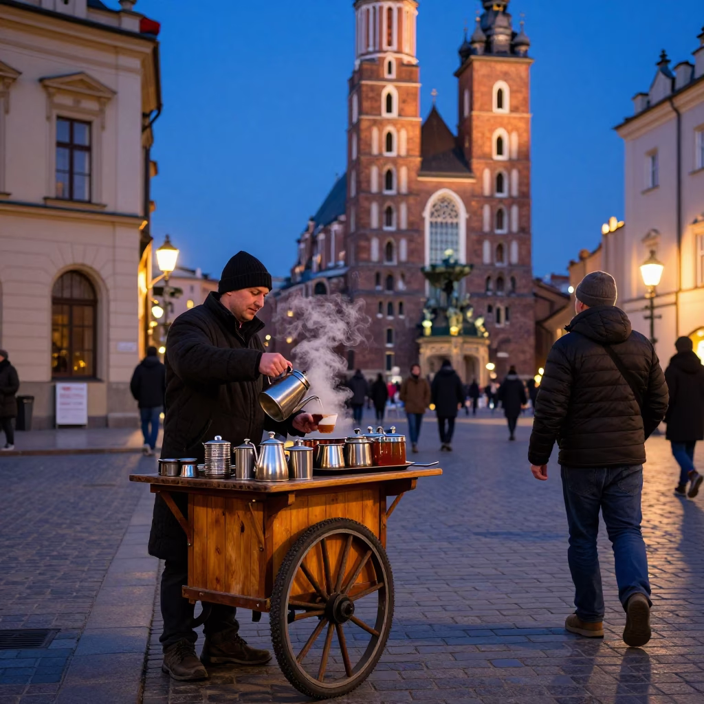 Predawn Street Vendor Selling Hot Tea in Krakow Poland Old Town in in Krakow, Poland