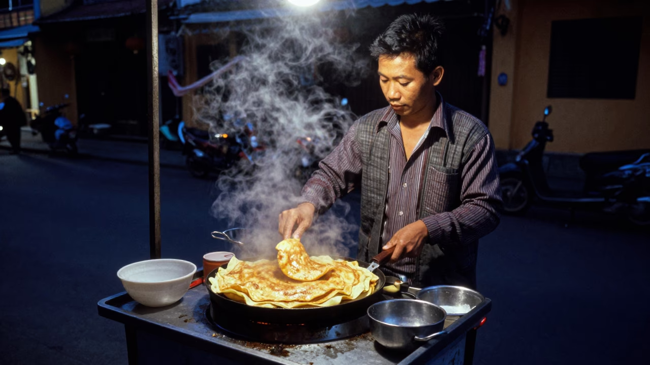 Predawn Street Vendor Selling Hot Vietnamese Pancakes in Hoi An Old Town Vietnam in in Hoi An, Vietnam