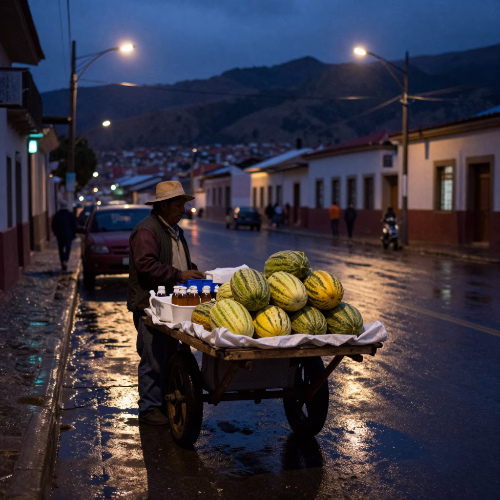 Predawn street vendor selling melons and tea in La Paz Bolivia low light in in La Paz, Bolivia