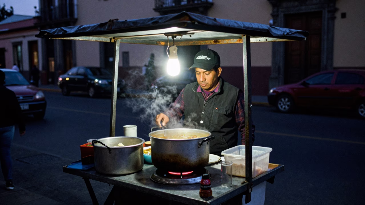 Predawn Street Vendor Selling Pozole in Mexico City Before Dawn in in Mexico City, Mexico