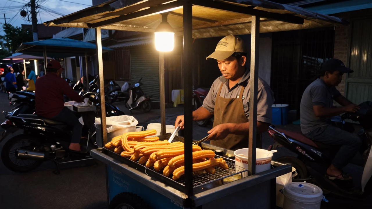 Predawn Street Vendor Serving Hot Churros and Coffee in Surabaya Indonesia in in Surabaya, Indonesia