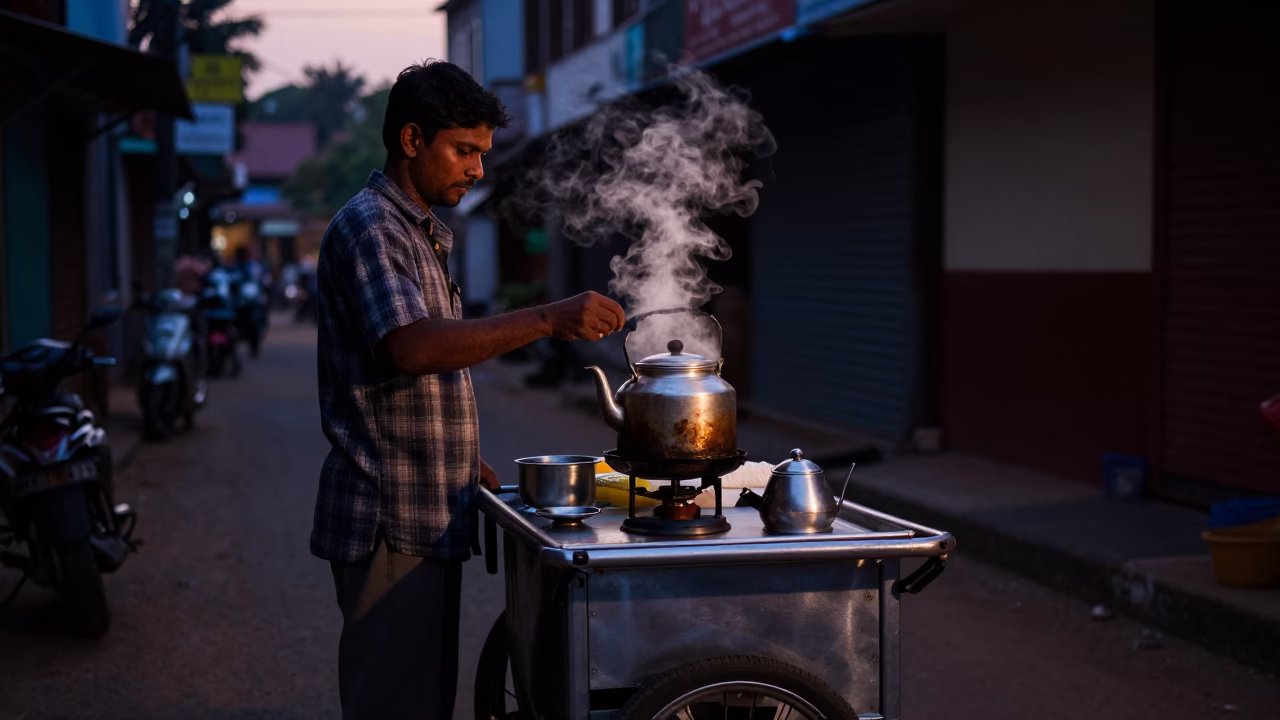 Predawn Street Vendor Serving Hot Tea in Kochi India Before Sunrise in in Kochi, India