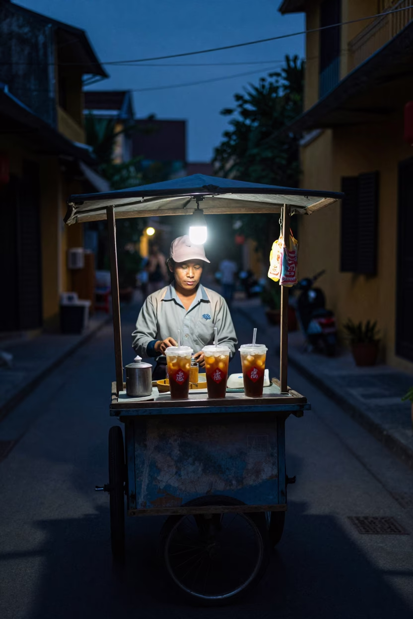 Predawn Street Vendor Serving Vietnamese Iced Coffee in Hoi An Ancient Town in in Hoi An, Vietnam