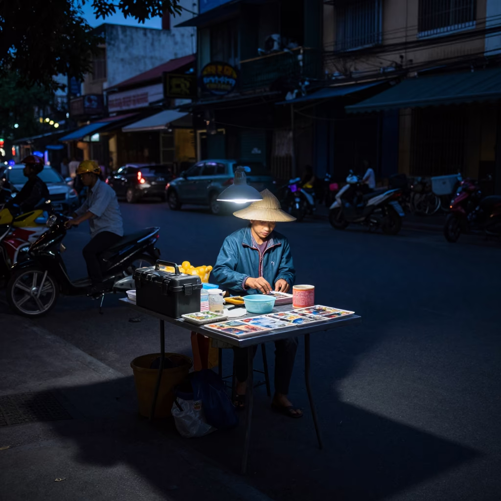 Predawn Street Vendor Setup in Ho Chi Minh City Vietnam with Toolbox and Postcards in in Ho Chi Minh City, Vietnam