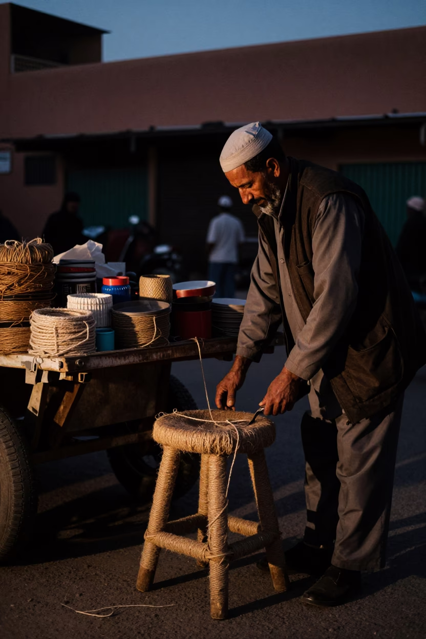 Predawn Street Vendor Stall in Marrakech Morocco with Twine and Work Stool in in Marrakech, Morocco