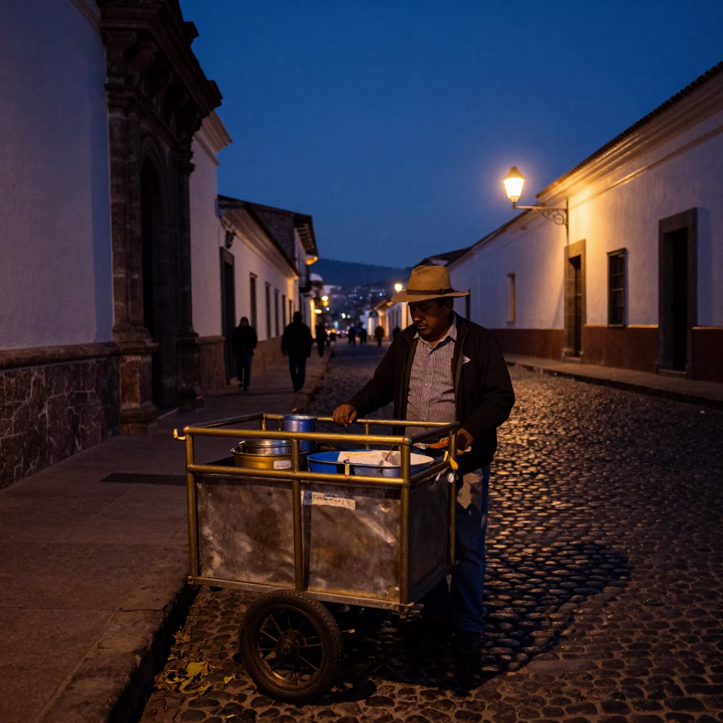 Predawn Street Vendor with Polished Brass Rail and Fatteh Bowl in Quito Ecuador in in Quito, Ecuador