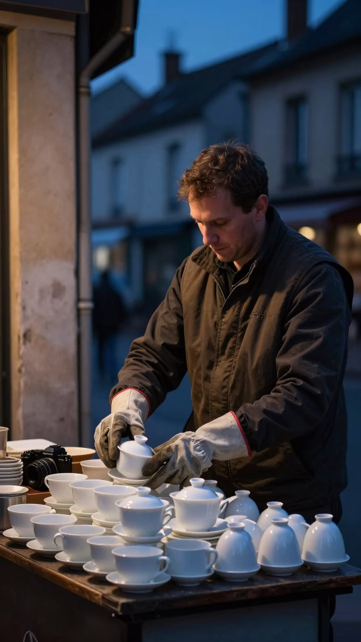 Predawn Street Vendor with Teacups and Work Gloves in Nice France in in Nice, France