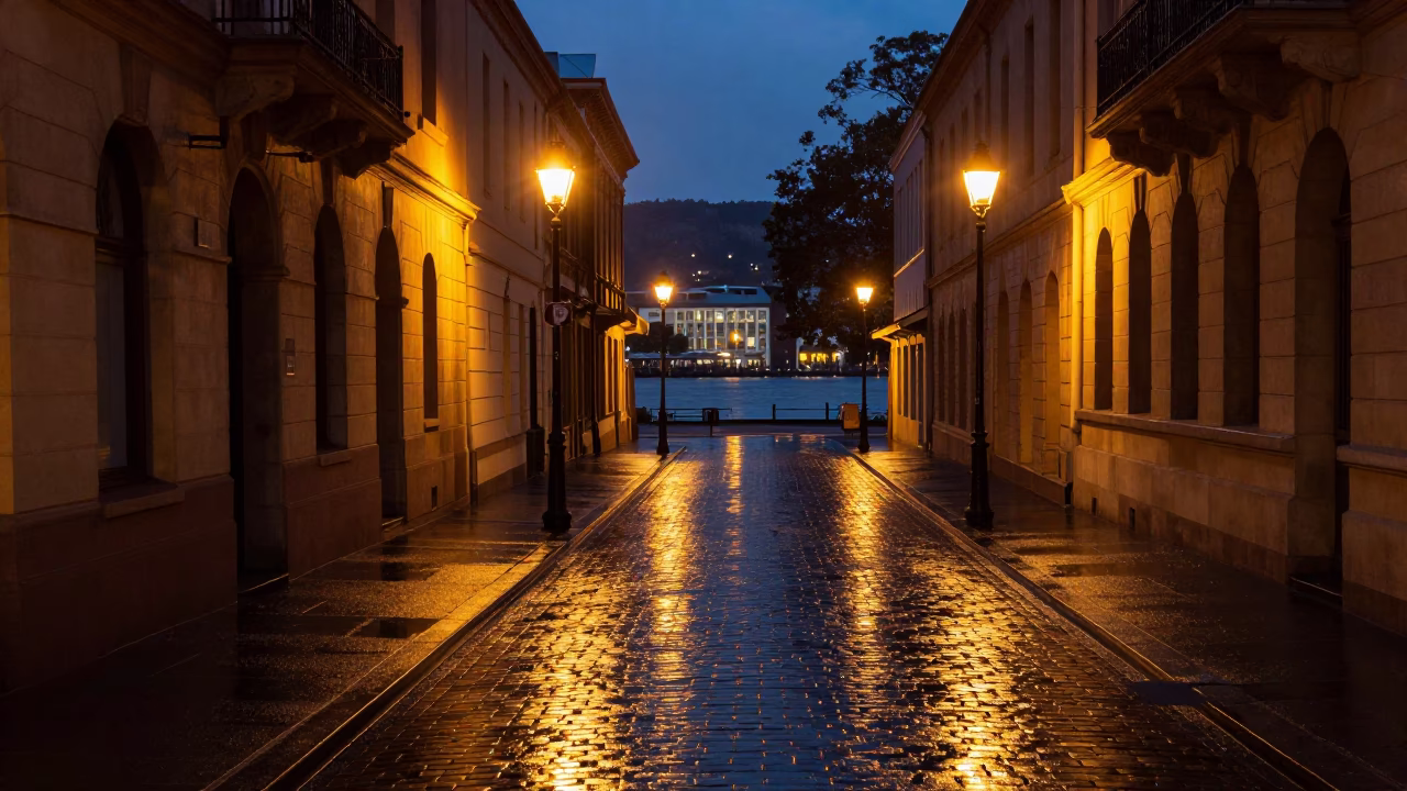 Predawn Streetlights Reflecting on Wet Cobblestones Near Salamanca Market Hobart Tasmania in in Hobart, Tasmania, Australia